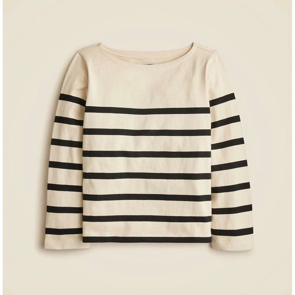 J.Crew Mariner Cloth Boatneck T-Shirt Ivory Navy Blue‎ Stripe Classic Fit XS